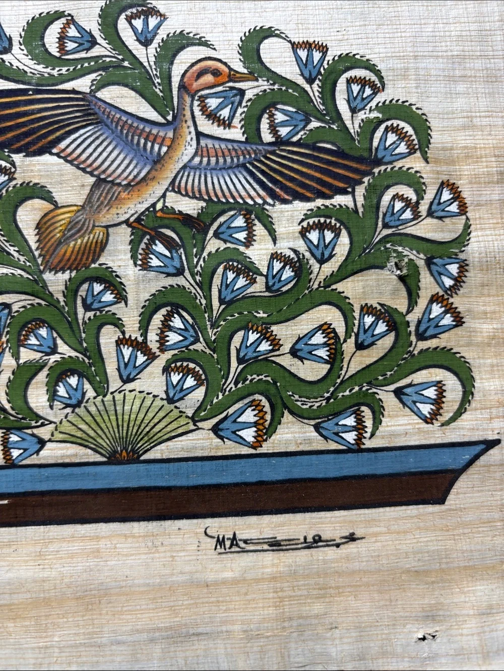 Egyptian art painted on papyrus duck lotus and papyrus plants with frame